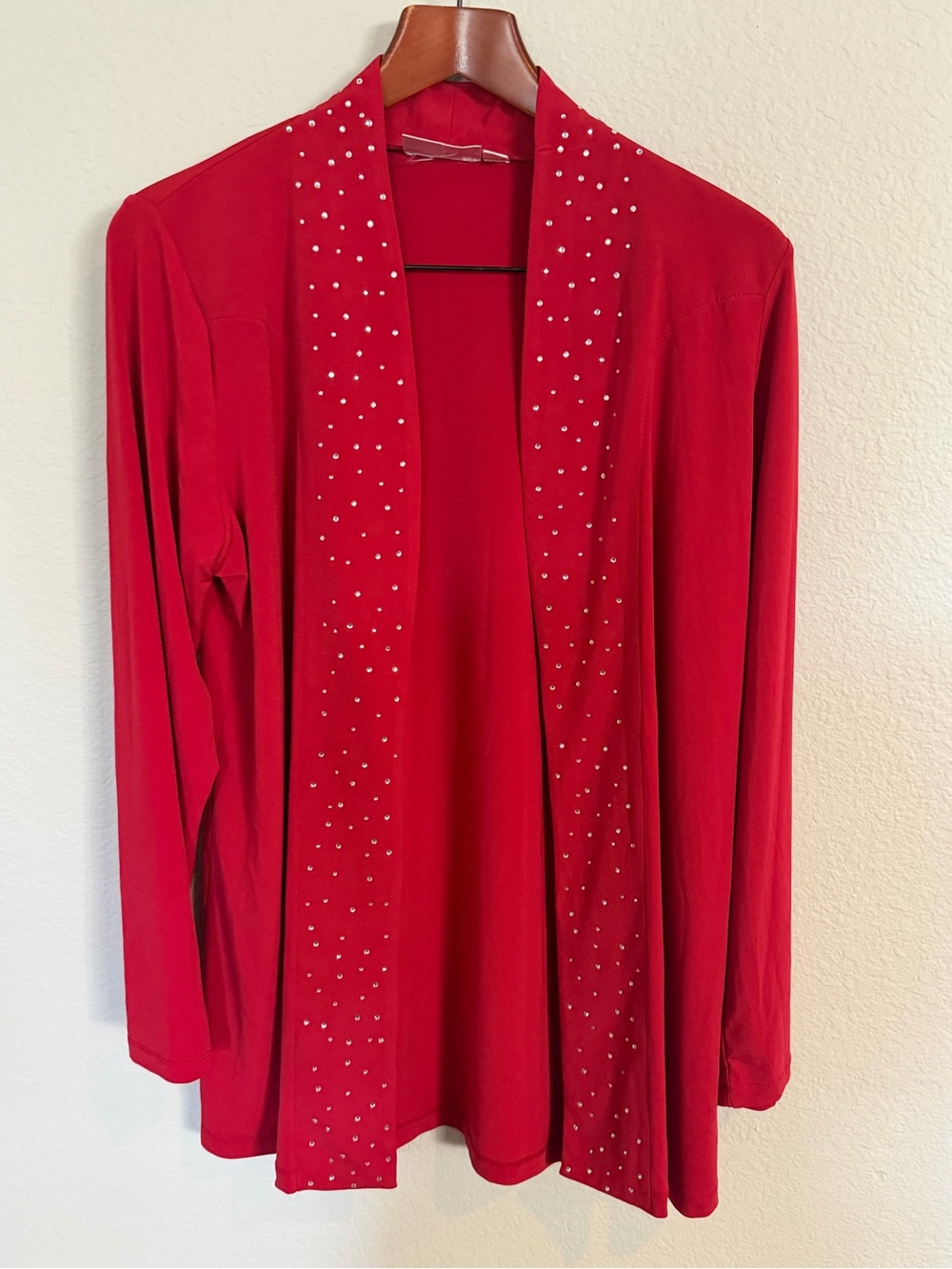 The Quacker Factory Red Open-Front Cardigan Knit with Rhinestone Trim M